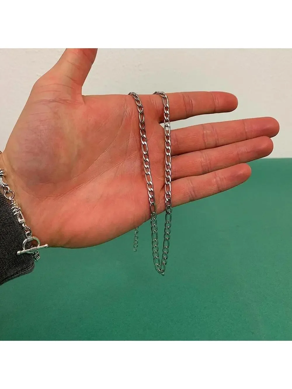 Cyber Vintage Y2K Style Grunge Figaro Stainless Steel Silver Chain Necklace